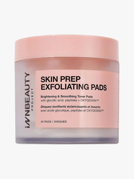 InnBeauty Skin Prep Exfoliating Pads in branded tub component on a light gray background