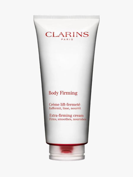 Clarins Body Firming Cream white tube on light gray background