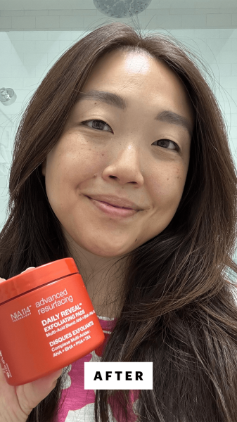 Selfie of Christa Joanna Lee after using the Strivectin Daily Reveal Exfoliating Face Pads with AHA BHA PHA TXA
