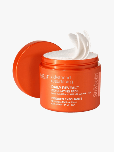 Strivectin Daily Reveal Exfoliating Face Pads with AHA + BHA + PHA + TXA in branded tub component on a light gray background